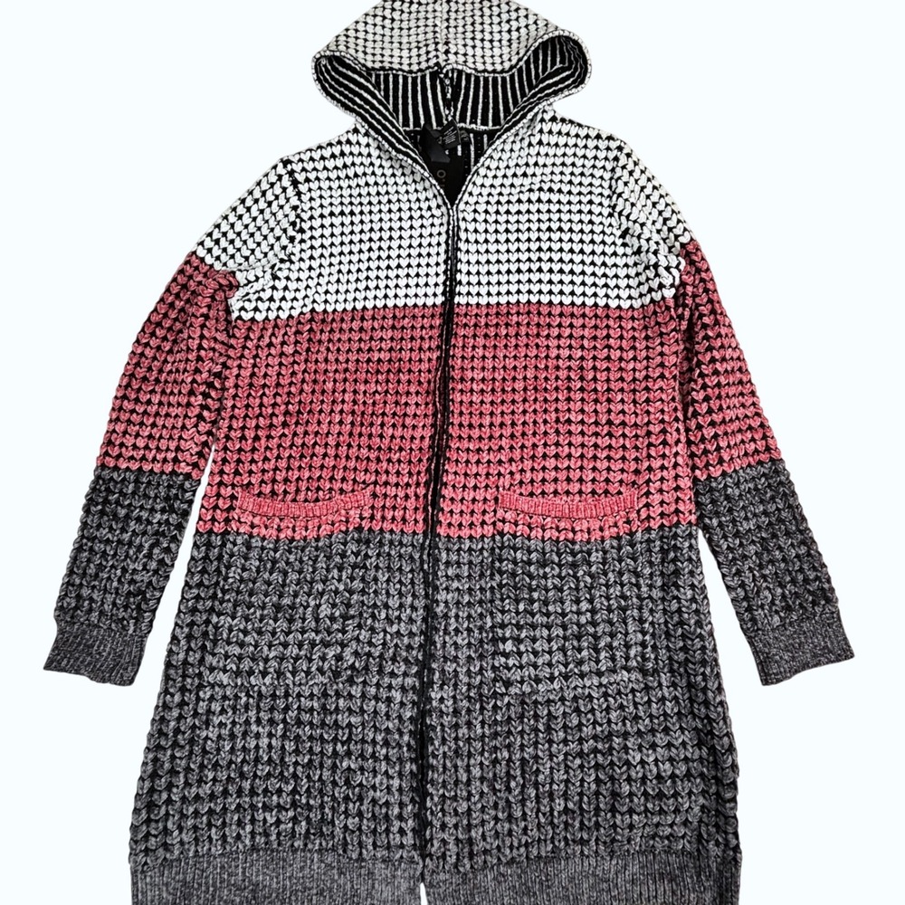 NWT Oliver.O Chenille Knit Hooded Cardigan Sweater Hearts Gray Pink White Sz M